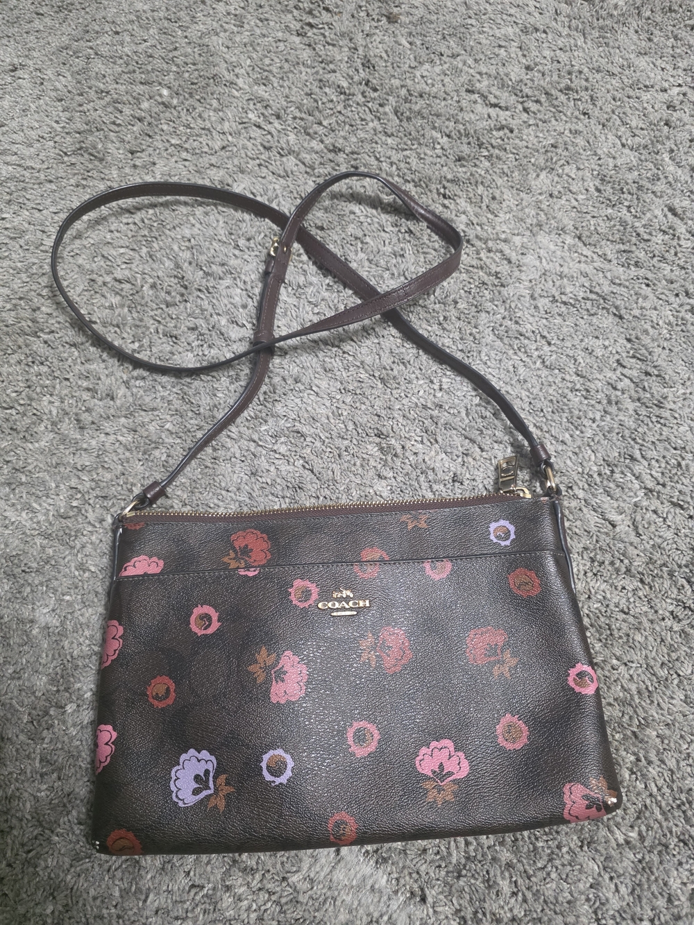 COACH Floral Print Crossbody Bag in Brown with Pink Accents